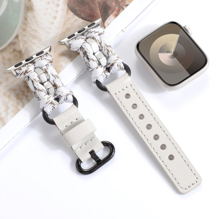 For Apple Watch 42mm Paracord Genuine Leather Watch Band(White Khaki) - Watch Bands by PMC TechLife | Online Shopping South Africa | PMC TechLife
