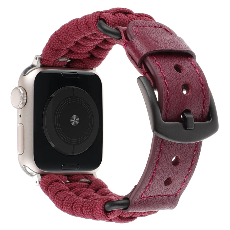 For Apple Watch Series 8 41mm Plain Paracord Genuine Leather Watch Band(Wine Red) - Watch Bands by PMC TechLife | Online Shopping South Africa | PMC TechLife
