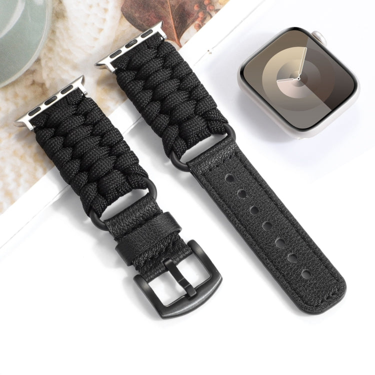 For Apple Watch Series 7 45mm Plain Paracord Genuine Leather Watch Band(Black) - Watch Bands by PMC TechLife | Online Shopping South Africa | PMC TechLife