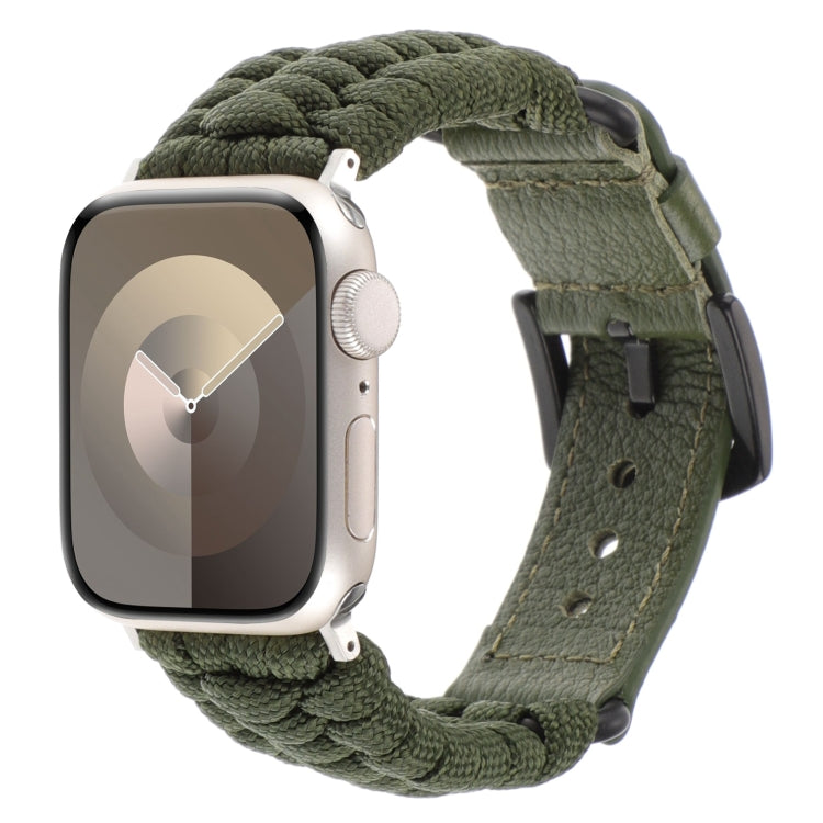 For Apple Watch SE 40mm Plain Paracord Genuine Leather Watch Band(Army Green) - Watch Bands by PMC TechLife | Online Shopping South Africa | PMC TechLife