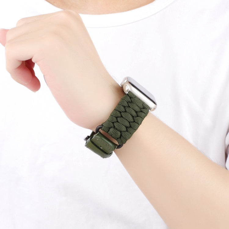 For Apple Watch SE 40mm Plain Paracord Genuine Leather Watch Band(Army Green) - Watch Bands by PMC TechLife | Online Shopping South Africa | PMC TechLife