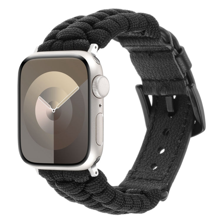 For Apple Watch Series 3 38mm Plain Paracord Genuine Leather Watch Band(Black) - Watch Bands by PMC TechLife | Online Shopping South Africa | PMC TechLife