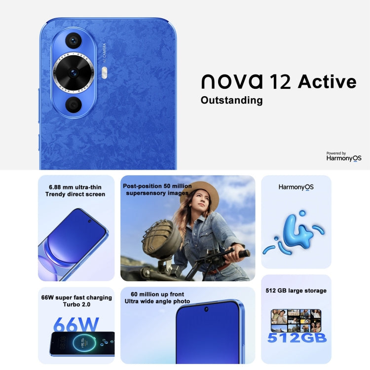 Huawei nova 12 Active, 8GB+256GB, Screen Fingerprint Identification, 6.7 inch HarmonyOS 4.0 Qualcomm Snapdragon 778G 4G Octa Core, Network: 4G, NFC, OTG, Not Support Google Play(Blue) - Huawei Mate & P by Huawei | Online Shopping South Africa | PMC Jewellery | Buy Now Pay Later Mobicred