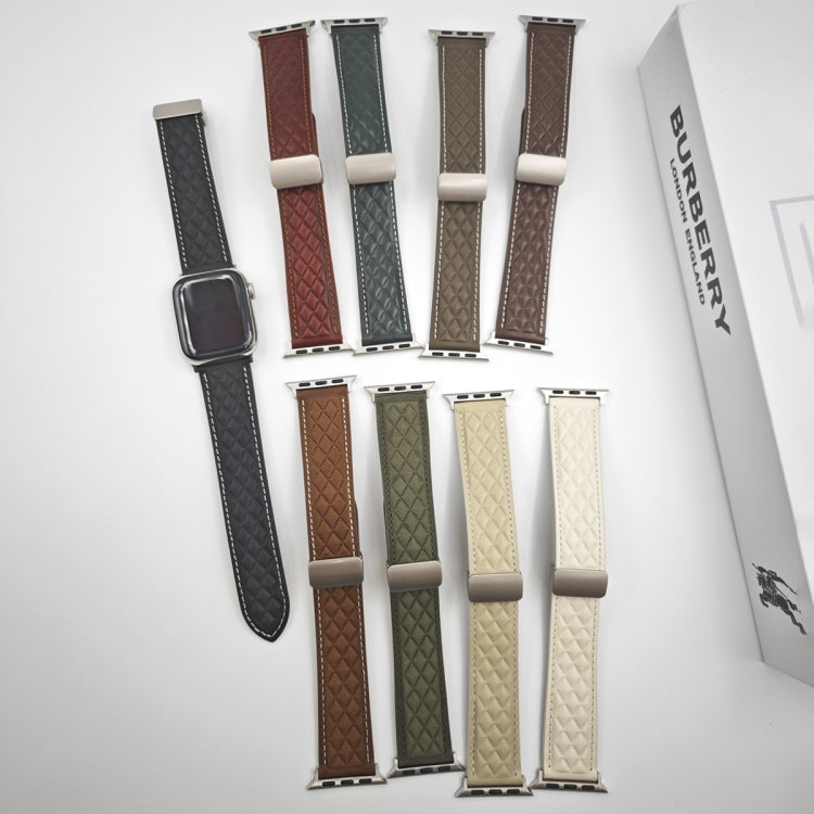 For Apple Watch 42mm Rhombus Pattern Magnetic Folding Buckle Leather Watch Band(Dark Green) - free shipping - PMC TechLife - Order now!