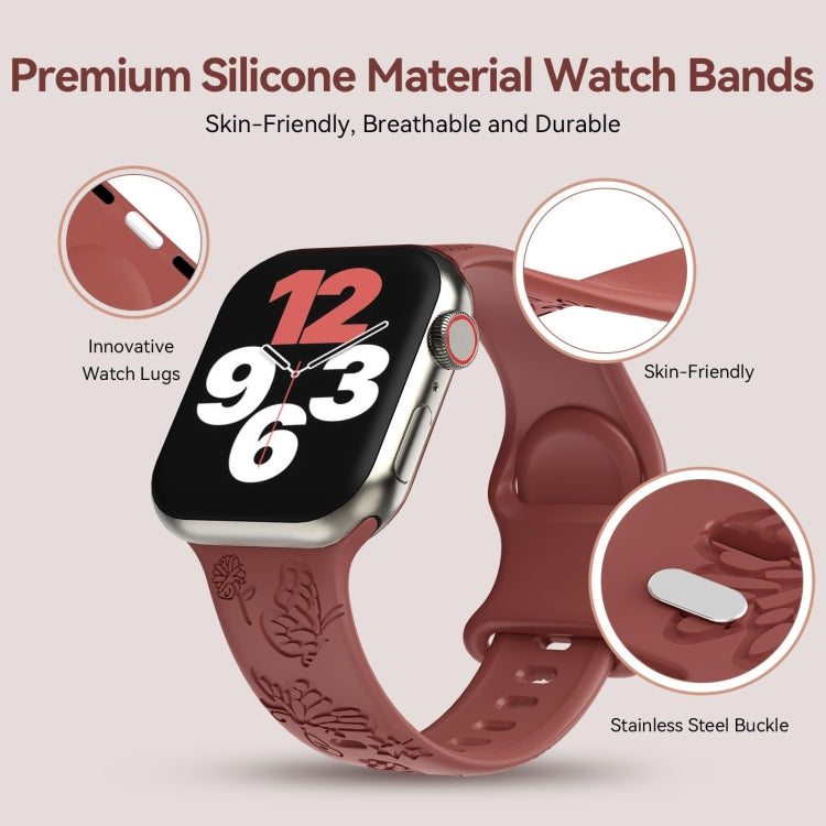 For Apple Watch 42mm Butterfly Flower Embossed Silicone Watch Band(Brick Red) - free shipping - PMC TechLife - Order now!