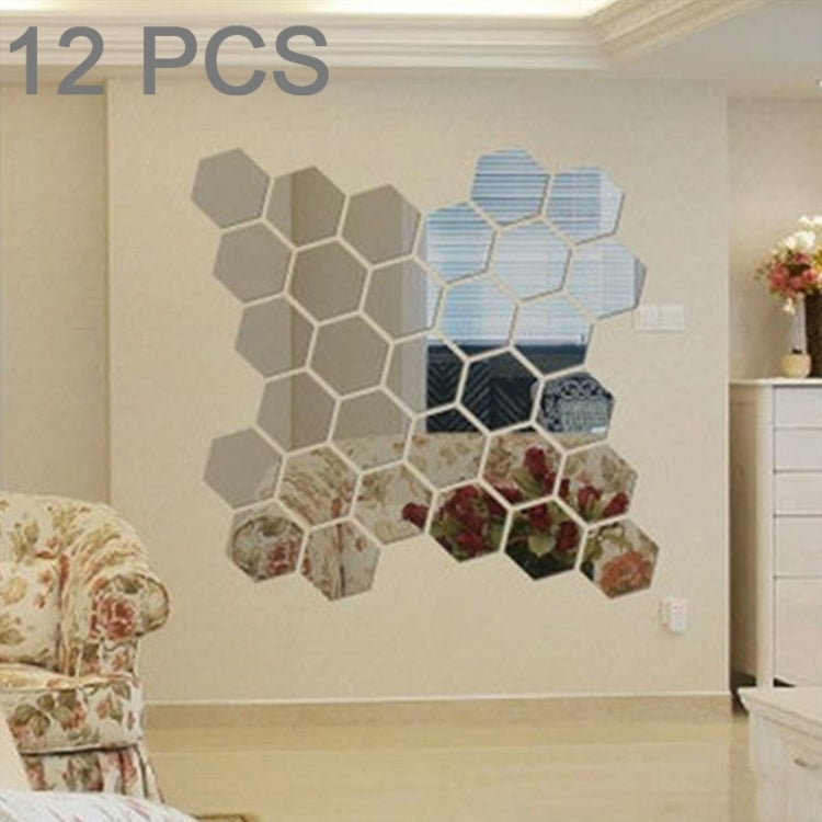 12 PCS 3D Hexagonal Mirror Wall Stickers Set, Size: 10*10cm(Silver) - free shipping - PMC TechLife - Order now!