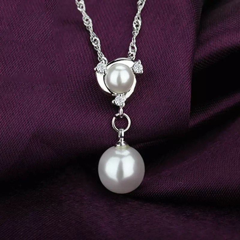 925 Sterling Silver Plated Clear Crystal White Simulated Pearl Drop Set