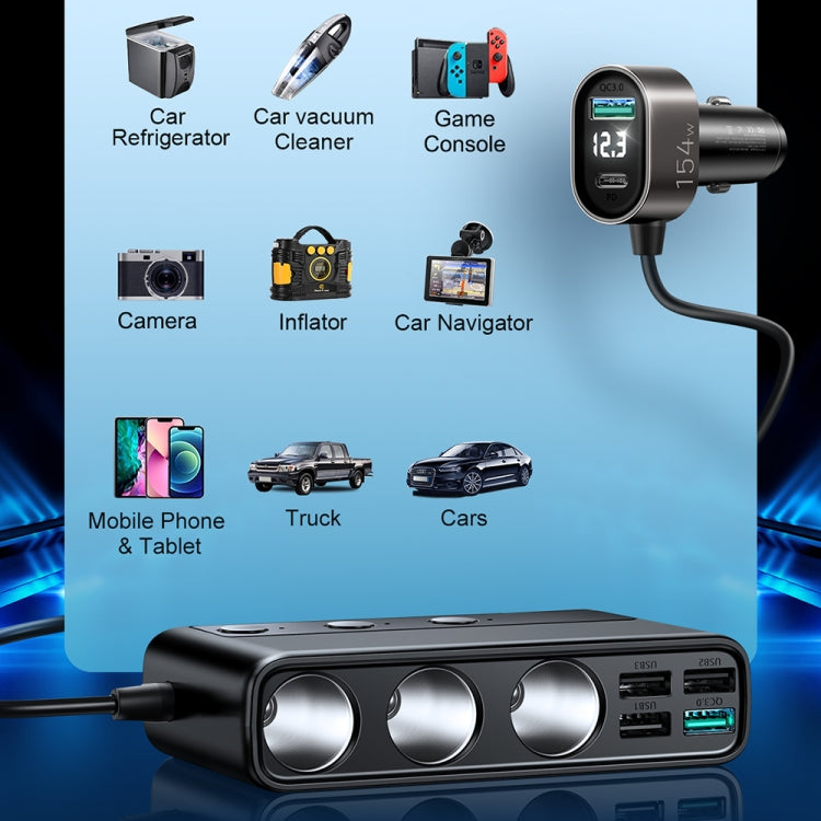 JOYROOM JR-CL06 9 in 1 154W PD USB-C / Type-C + Dual QC3.0 USB + 3 USB + 3 Cigarette Lighter Holes Digital Display Car Charger (Black) - Car Charger by JOYROOM | Online Shopping South Africa | PMC Jewellery | Buy Now Pay Later Mobicred