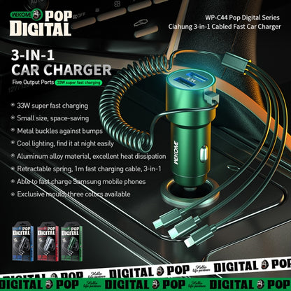 WK WP-C44 Pop Digital Series Ciahung 3-in-1 Cabled 33W Dual-USB Fast Car Charger (Green) - Car Charger by WK | Online Shopping South Africa | PMC Jewellery