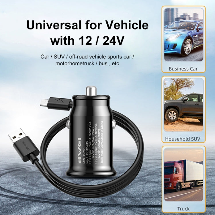 awei C-706 20W PD Type-C + QC 3.0 Type-A Car Charger with CL-110T Data Cable - Car Charger by awei | Online Shopping South Africa | PMC Jewellery