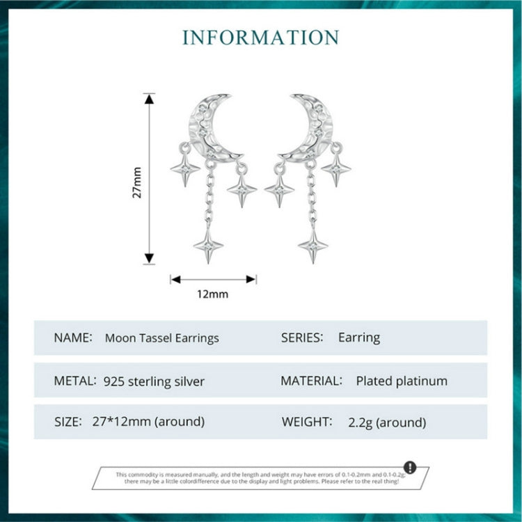 BSE858 Sterling Silver S925 White Gold Plated Zircon Moon Tassel Stud Earrings - Stud Earrings & Earrings by PMC Jewellery | Online Shopping South Africa | PMC Jewellery