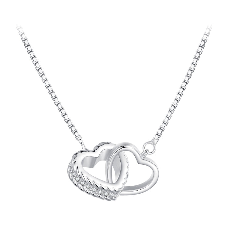 BSN339 Sterling Silver S925 White Gold Plated Zircon Dual Ring Heart Interlocking Necklace - Necklaces & Pendants by PMC Jewellery | Online Shopping South Africa | PMC Jewellery