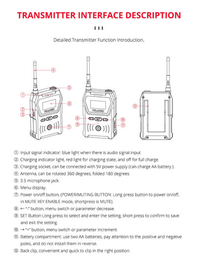 YELANGU YLG9929C MX4 Dual-Channel 100CH UHF Wireless Microphone System with Transmitter and Receiver for DSLR Cameras and Video Cameras(Black) - Camera Microphone by YELANGU | Online Shopping South Africa | PMC Jewellery | Buy Now Pay Later Mobicred