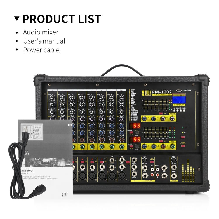 XTUGA PM1202 900W 10 Channel Stage Power Mixer 24Bit Multil-FX Processor Dual 99 DSP Effect DJ Amplifier (US Plug) - Live Sound Effects Processors by XTUGA | Online Shopping South Africa | PMC TechLife
