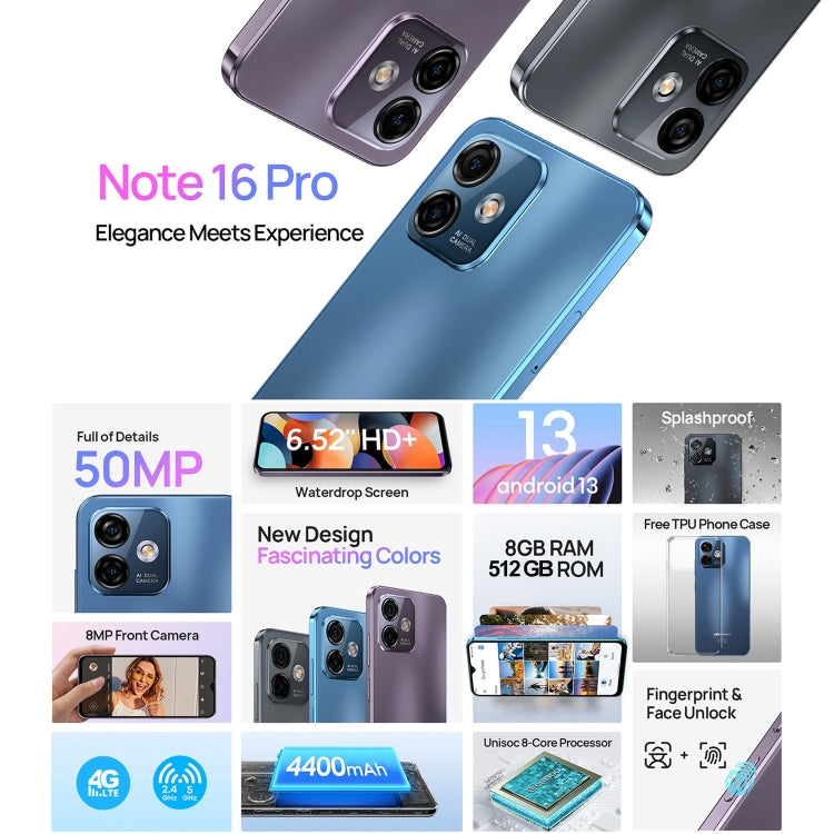 [HK Warehouse] Ulefone Note 16 Pro, 8GB+512GB, Dual Back Cameras, Face ID & Side Fingerprint Identification, 4400mAh Battery, 6.52 inch Android 13 Unisoc T606 Octa Core up to 1.6GHz, Network: 4G, Dual SIM, OTG (Blue) - Ulefone by PMC Jewellery | Online Shopping South Africa | PMC Jewellery