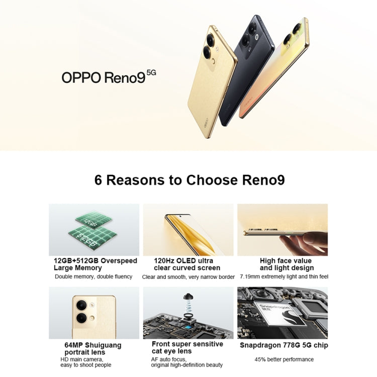 OPPO Reno9 5G, 8GB+256GB, 64MP Camera, Chinese Version, Dual Back Cameras, 6.7 inch ColorOS 13 / Android 13 Qualcomm Snapdragon 778G 5G Octa Core up to 2.4Ghz, Network: 5G, Support Google Play(Black) - OPPO by OPPO | Online Shopping South Africa | PMC Jewellery