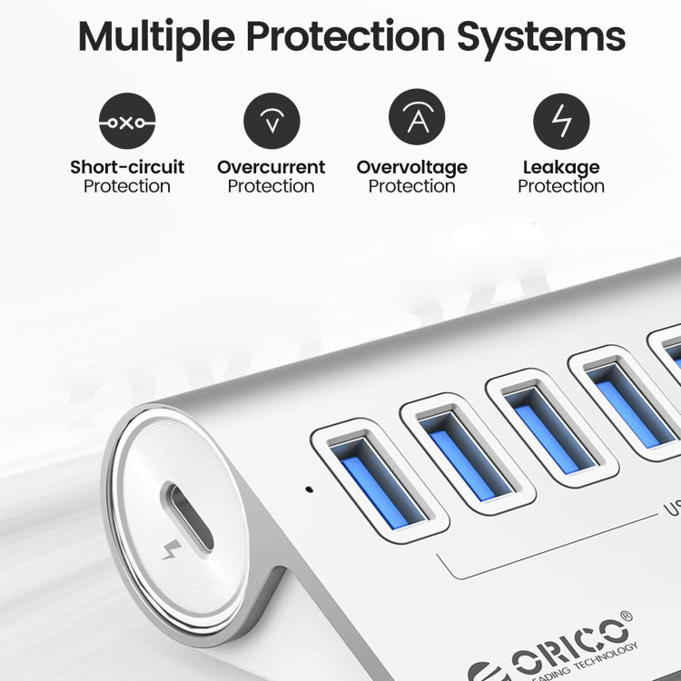 ORICO M3U7-G2 Aluminum Alloy 7-Port USB 3.2 Gen2 10Gbps HUB with 1m Cable (Silver) - free shipping - PMC TechLife - Order now!
