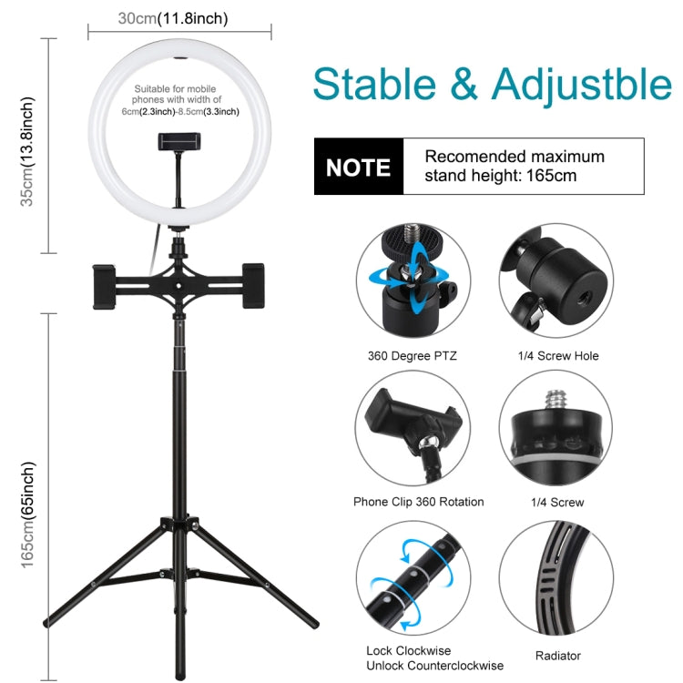 PULUZ 11.8 inch 30cm Light + 1.65m Tripod + Dual Phone Bracket Curved Surface USB 3 Modes Dimmable Dual Color Temperature LED Ring Vlogging Video Light  Live Broadcast Kits with Phone Clamp(Black) - free shipping - PMC TechLife - Order now!