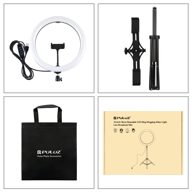 PULUZ 11.8 inch 30cm Light + 1.65m Tripod + Dual Phone Bracket Curved Surface USB 3 Modes Dimmable Dual Color Temperature LED Ring Vlogging Video Light  Live Broadcast Kits with Phone Clamp(Black) - free shipping - PMC TechLife - Order now!