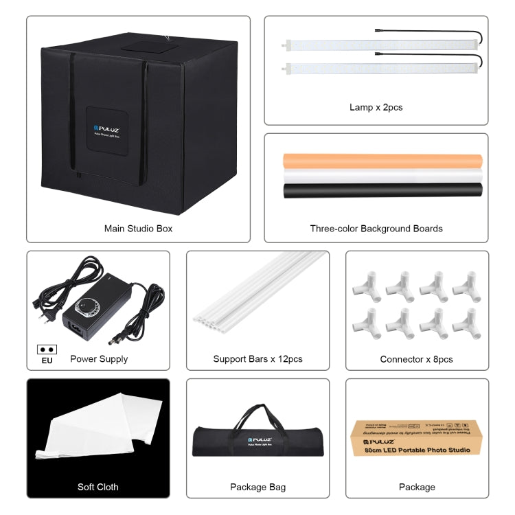PULUZ 80cm Folding Portable 80W 9050LM White Light Photo Lighting Studio Shooting Tent Box Kit with 3 Colors (Black, White, Orange) Backdrops(EU Plug) -  by PULUZ | Online Shopping South Africa | PMC Jewellery