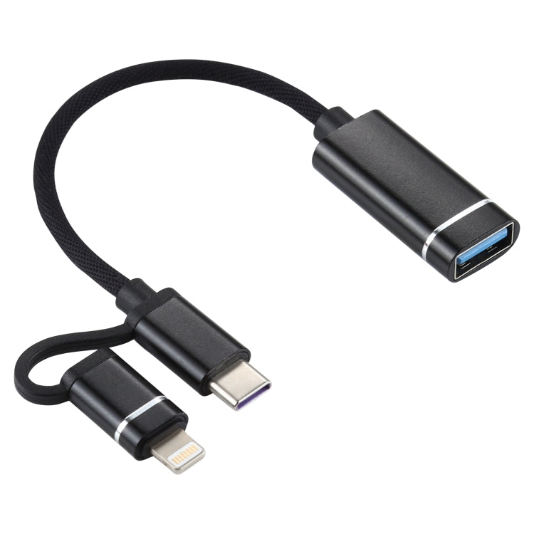 USB 3.0 Female to 8 Pin + USB-C / Type-C Male Charging + Transmission OTG Nylon Braided Adapter Cable, Cable Length: 11cm(Black) - Converter & Adapter by PMC Jewellery | Online Shopping South Africa | PMC Jewellery