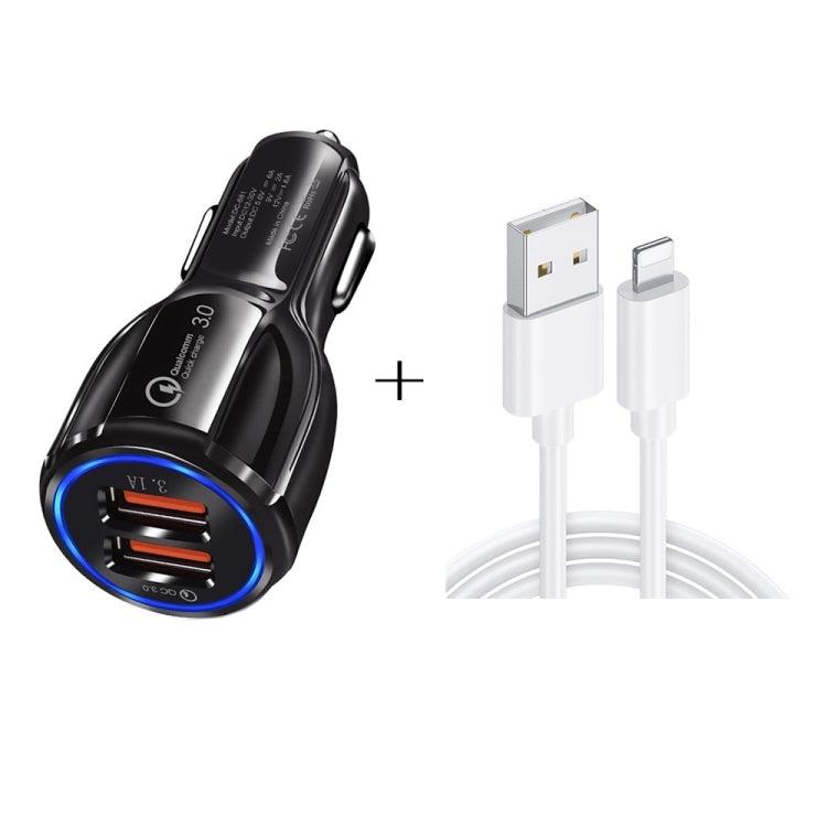Qc3.0 Dual USB Car Charger + 8 Pin Fast Charging Line Car Charging Kit(Black) - Car Charger by PMC TechLife | Online Shopping South Africa | PMC TechLife