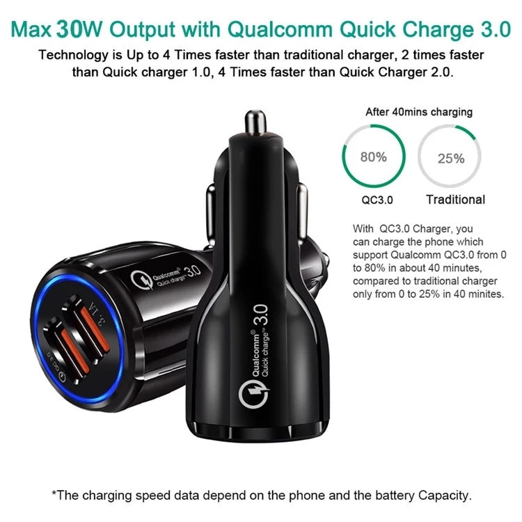 Qc3.0 Dual USB Car Charger + 8 Pin Fast Charging Line Car Charging Kit(Black) - Car Charger by PMC TechLife | Online Shopping South Africa | PMC TechLife