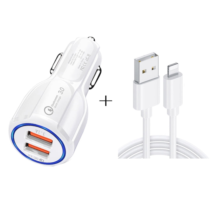 Qc3.0 Dual USB Car Charger + 8 Pin Fast Charging Line Car Charging Kit(White) - Car Charger by PMC TechLife | Online Shopping South Africa | PMC TechLife