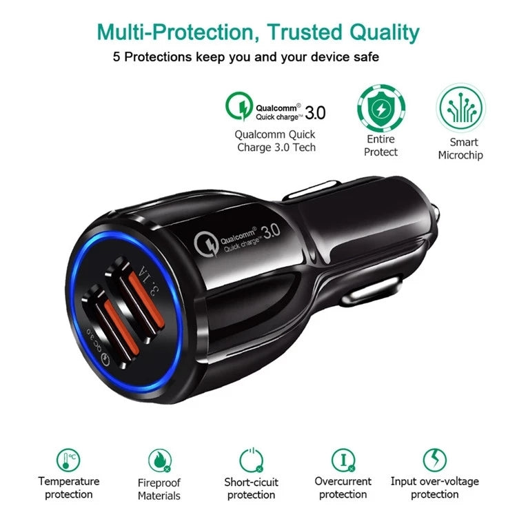 Qc3.0 Dual USB Car Charger + 8 Pin Fast Charging Line Car Charging Kit(Black) - Car Charger by PMC Jewellery | Online Shopping South Africa | PMC Jewellery