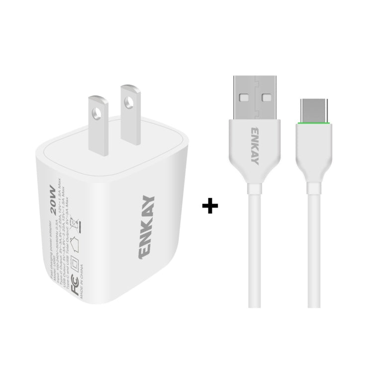 ENKAY Hat-Prince 20W PD Type-C + QC 3.0 USB Fast Charging Travel Charger Power Adapter with Fast Charge Data Cable, US Plug(With Type-C Cable) - USB Charger by ENKAY | Online Shopping South Africa | PMC Jewellery | Buy Now Pay Later Mobicred