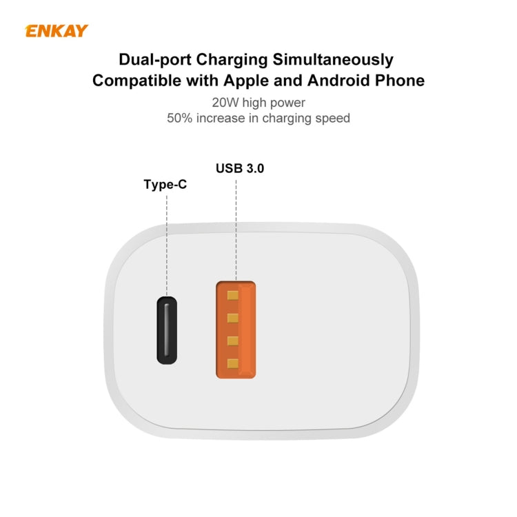 ENKAY Hat-Prince 20W PD Type-C + QC 3.0 USB Fast Charging Travel Charger Power Adapter with Fast Charge Data Cable, US Plug(With 8 Pin Cable) - USB Charger by ENKAY | Online Shopping South Africa | PMC Jewellery | Buy Now Pay Later Mobicred