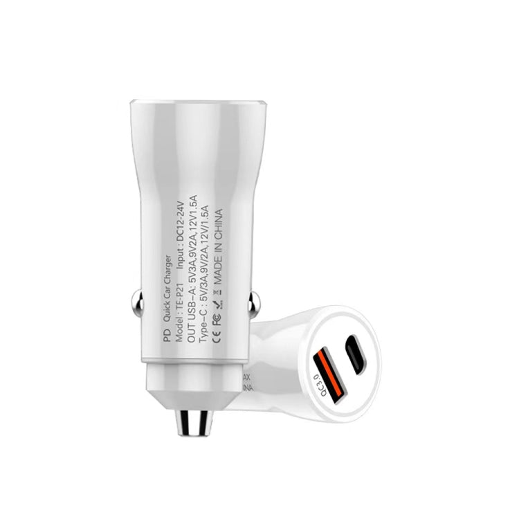 P21 PD 20W USB-C / Type-C + QC3.0 18W USB Fast Car Charger with USB-C / Type-C to 8 Pin Data Cable Set(White) - Car Charger by PMC TechLife | Online Shopping South Africa | PMC TechLife