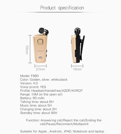 Fineblue F980 CSR4.1 Retractable Cable Caller Vibration Reminder Anti-theft Bluetooth Headset - Bluetooth Earphone by Fineblue | Online Shopping South Africa | PMC Jewellery