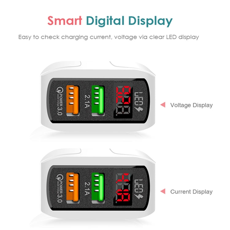 F002C QC3.0 USB + USB 2.0 LED Digital Display Fast Charger with USB to 8 Pin Data Cable, US Plug(White) - USB Charger by PMC TechLife | Online Shopping South Africa | PMC TechLife | Buy Now Pay Later Mobicred