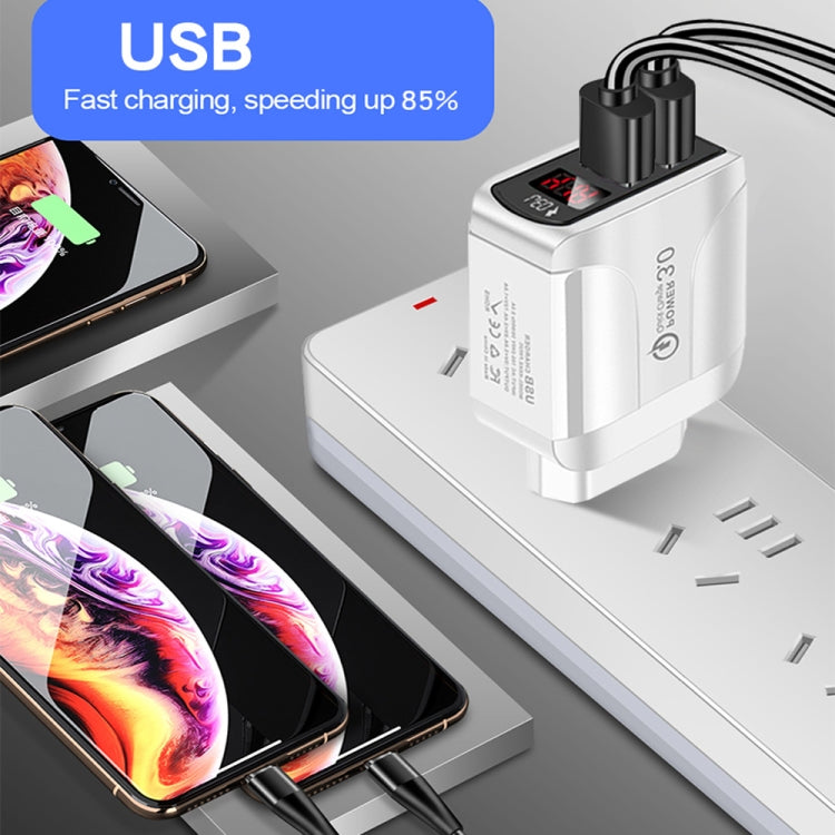 F002C QC3.0 USB + USB 2.0 LED Digital Display Fast Charger with USB to 8 Pin Data Cable, UK Plug(White) - USB Charger by PMC TechLife | Online Shopping South Africa | PMC TechLife | Buy Now Pay Later Mobicred