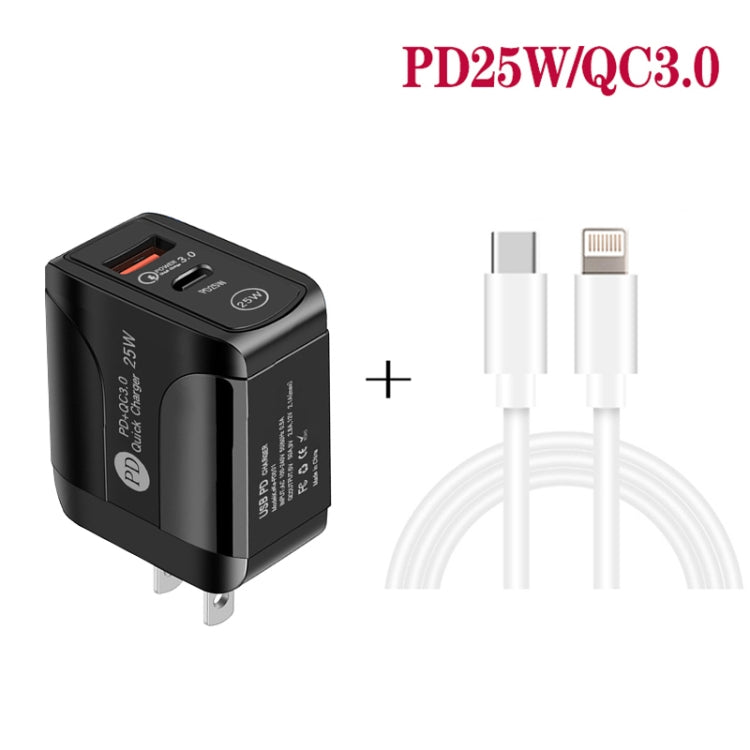 PD25W USB-C / Type-C + QC3.0 USB Dual Ports Fast Charger with USB-C to 8 Pin Data Cable, US Plug(Black) - USB Charger by PMC TechLife | Online Shopping South Africa | PMC TechLife | Buy Now Pay Later Mobicred