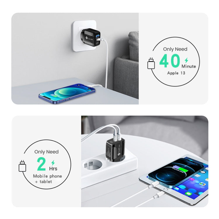 PD25W USB-C / Type-C + QC3.0 USB Dual Ports Fast Charger with USB-C to 8 Pin Data Cable, EU Plug(Black) - USB Charger by PMC TechLife | Online Shopping South Africa | PMC TechLife | Buy Now Pay Later Mobicred