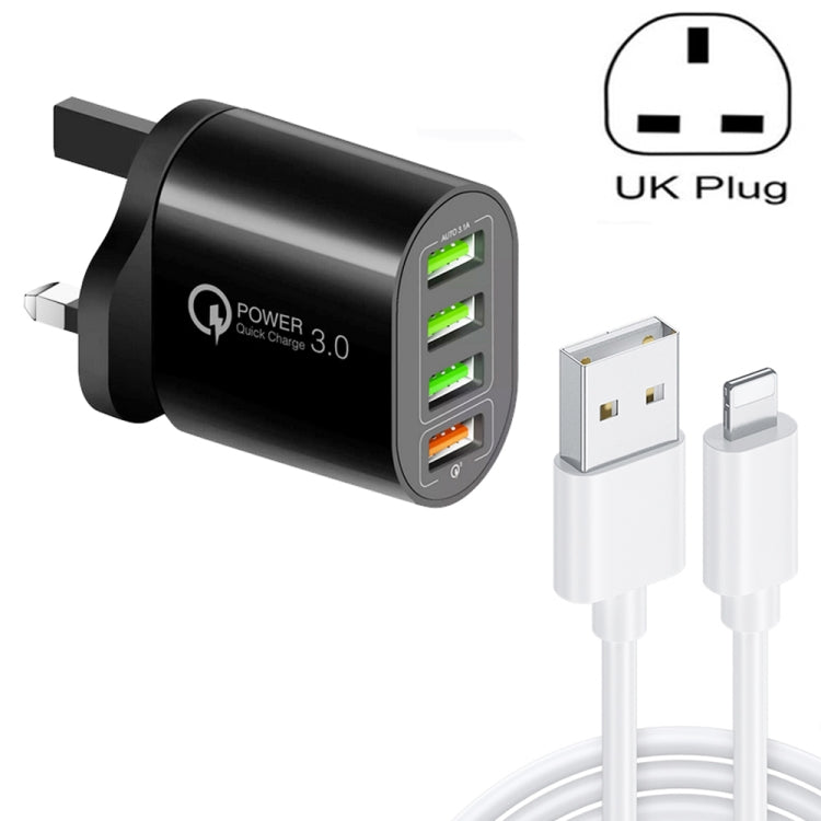 QC-04 QC3.0 + 3 x USB2.0 Multi-ports Charger with 3A USB to 8 Pin Data Cable, UK Plug(Black) - USB Charger by PMC TechLife | Online Shopping South Africa | PMC TechLife