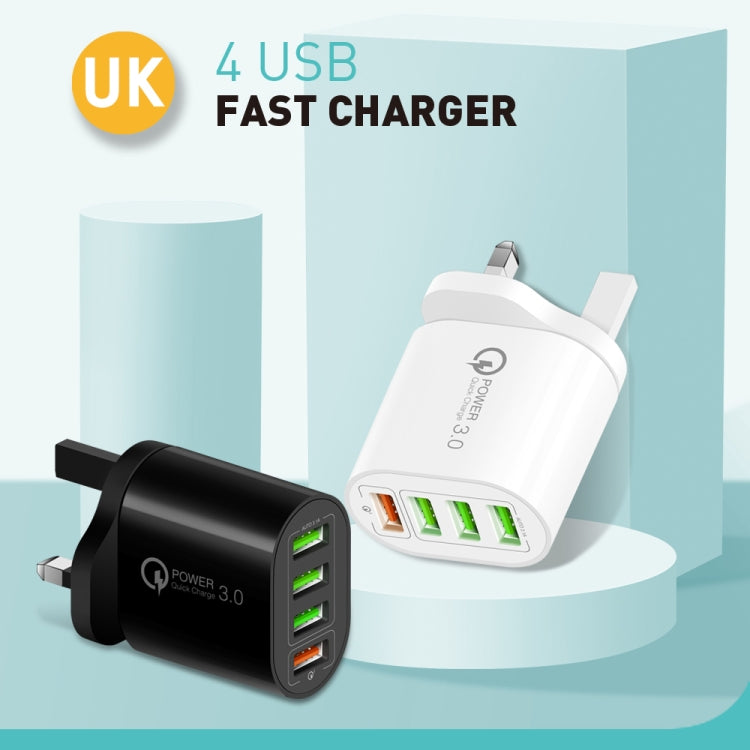 QC-04 QC3.0 + 3 x USB2.0 Multi-ports Charger with 3A USB to 8 Pin Data Cable, UK Plug(Black) - USB Charger by PMC TechLife | Online Shopping South Africa | PMC TechLife