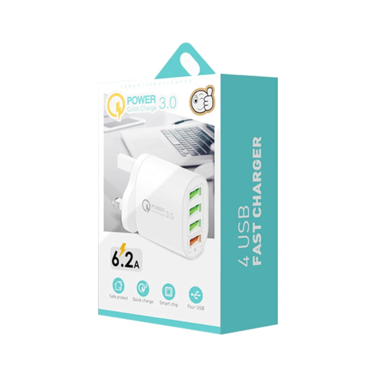 QC-04 QC3.0 + 3 x USB2.0 Multi-ports Charger with 3A USB to 8 Pin Data Cable, UK Plug(Black) - USB Charger by PMC TechLife | Online Shopping South Africa | PMC TechLife