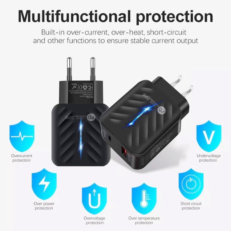 PD03 20W PD3.0 + QC3.0 USB Charger with USB to 8 Pin Data Cable, US Plug(Black) - USB Charger by PMC TechLife | Online Shopping South Africa | PMC TechLife | Buy Now Pay Later Mobicred