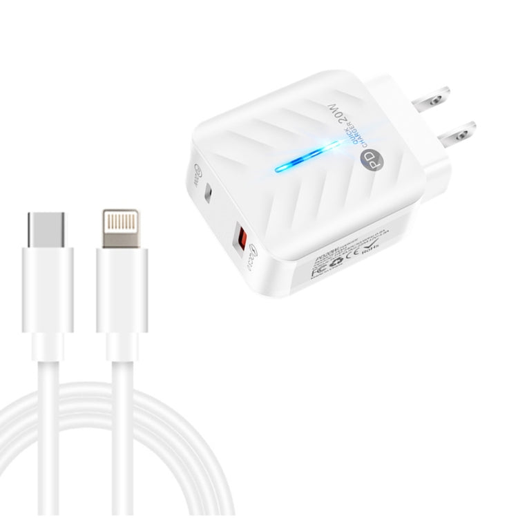 PD03 20W PD3.0 + QC3.0 USB Charger with Type-C to 8 Pin Data Cable, US Plug(White) - USB Charger by PMC Jewellery | Online Shopping South Africa | PMC Jewellery