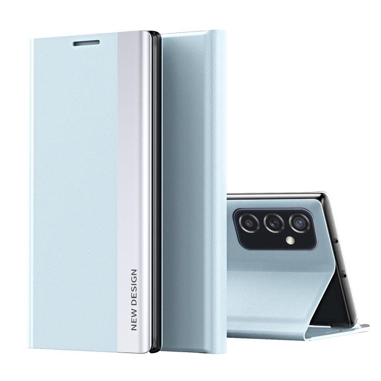 For Samsung Galaxy A73 5G Side Electroplated Magnetic Flip Leather Case with Holder(Light Blue) - free shipping - PMC TechLife - Order now!