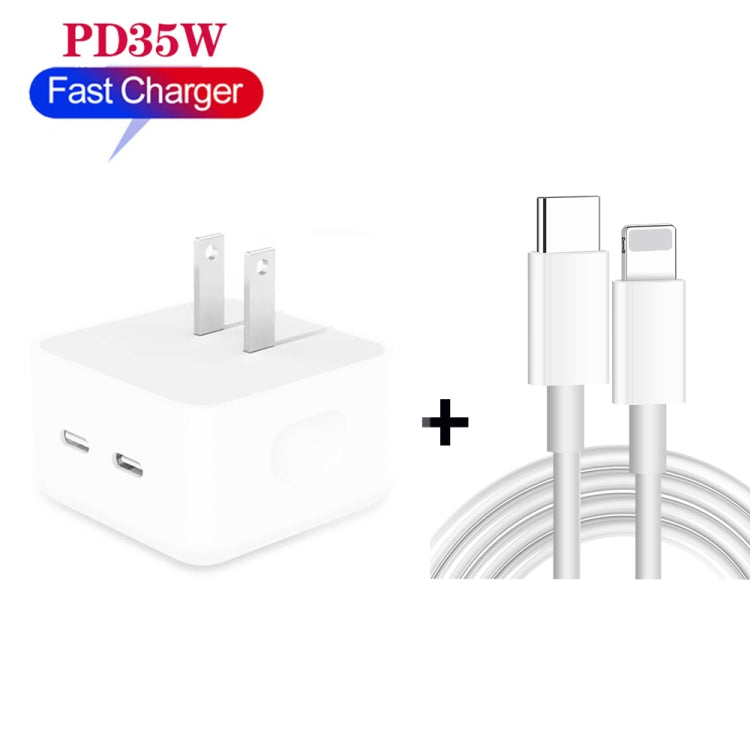 PD 35W Dual USB-C / Type-C Ports Charger with 1.5m Type-C to 8 Pin Data Cable, US Plug - free shipping - PMC TechLife - Order now!