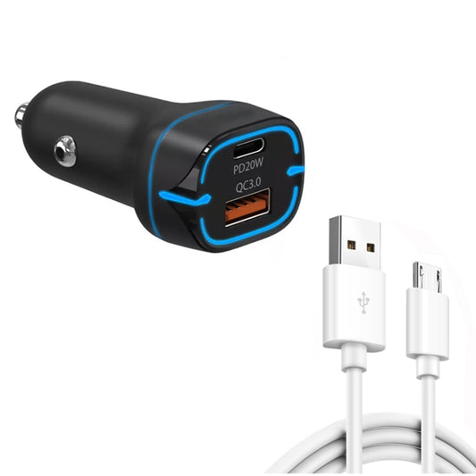 38W PD20W + QC3.0 USB Car Charger with USB to Micro USB Data Cable, Length: 1m(Black) - Car Charger by PMC Jewellery | Online Shopping South Africa | PMC Jewellery