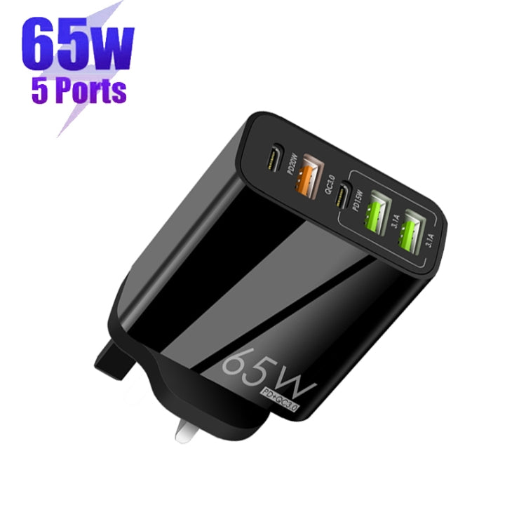 65W Dual PD Type-C + 3 x USB Multi Port Charger for Phone and Tablet PC, UK Plug(Black) - USB Charger by PMC TechLife | Online Shopping South Africa | PMC TechLife | Buy Now Pay Later Mobicred