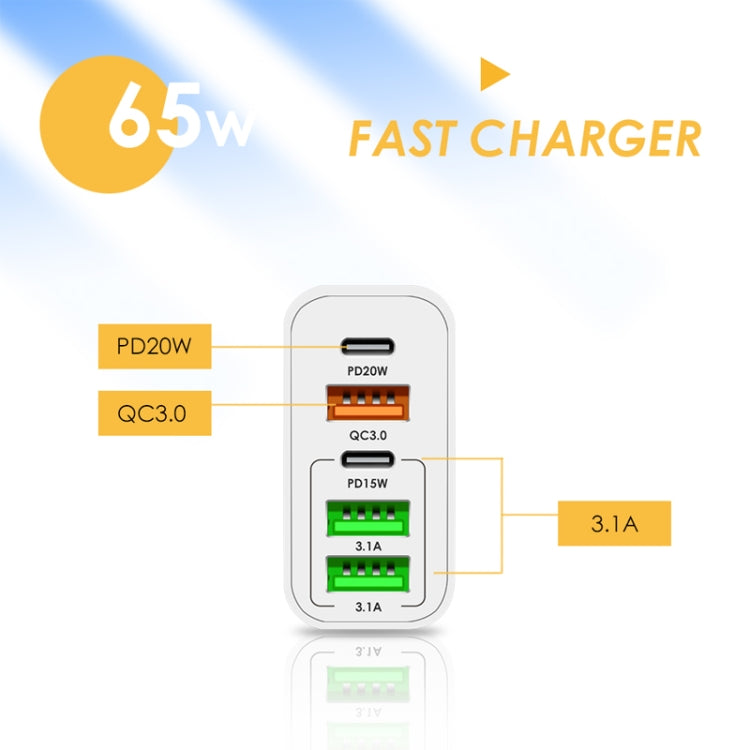 65W Dual PD Type-C + 3 x USB Multi Port Charger with 3A USB to 8 Pin Data Cable, EU Plug(White) - USB Charger by PMC TechLife | Online Shopping South Africa | PMC TechLife | Buy Now Pay Later Mobicred