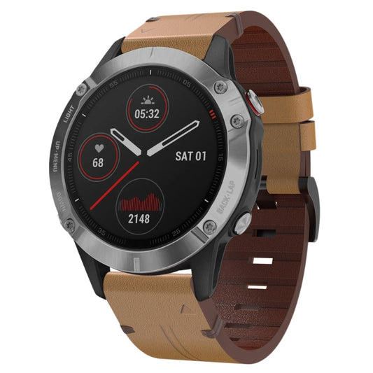 For Garmin Fenix 6 GPS 22mm Leather Steel Buckle Watch Band (Light Brown) - Smart Wear by PMC Jewellery | Online Shopping South Africa | PMC Jewellery