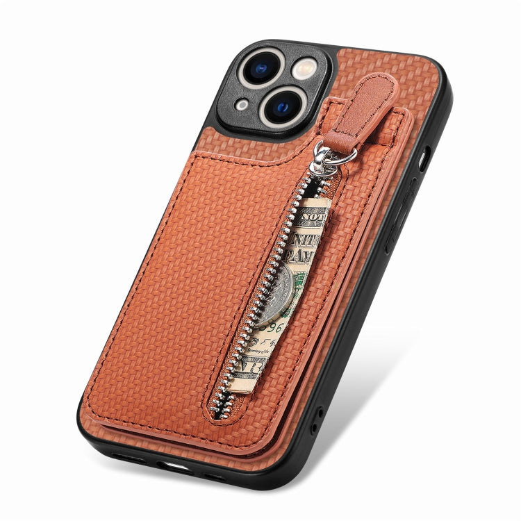 For iPhone 14 Plus Carbon Fiber Vertical Flip Zipper Phone Case(Brown) - iPhone 14 Plus Cases by PMC TechLife | Online Shopping South Africa | PMC TechLife | Buy Now Pay Later Mobicred