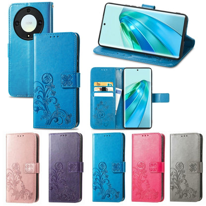 For Honor Magic5 Lite Four-leaf Clasp Embossed Buckle Leather Phone Case(Blue) - Honor Cases by PMC Jewellery | Online Shopping South Africa | PMC Jewellery